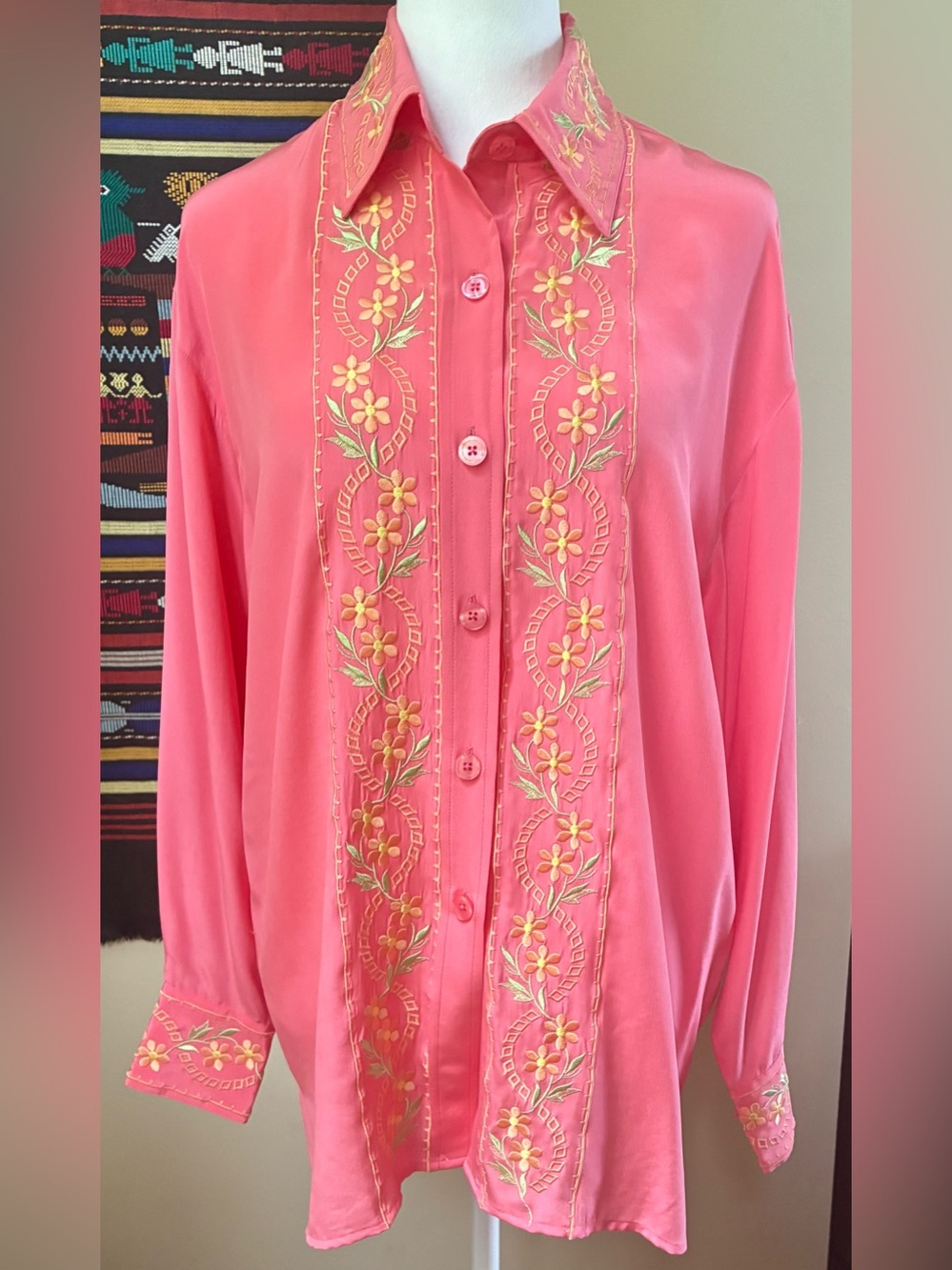 Diane Von Furstenberg Coral Pink Embroidered Button-Down Shirt
